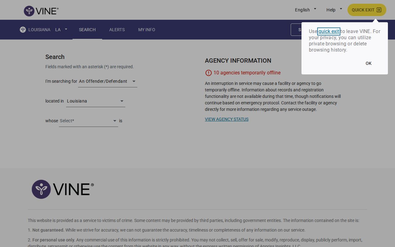 West Carroll Parish VINELink inmate search screen for Louisiana release records