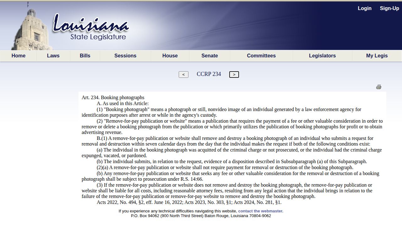 Louisiana Article 234 release mugshot removal law for West Carroll Parish records