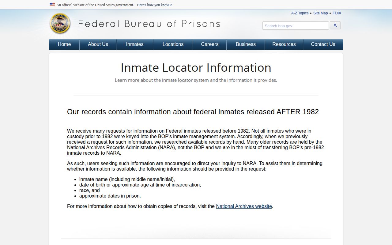 BOP release field definitions for West Carroll Parish federal inmate checks
